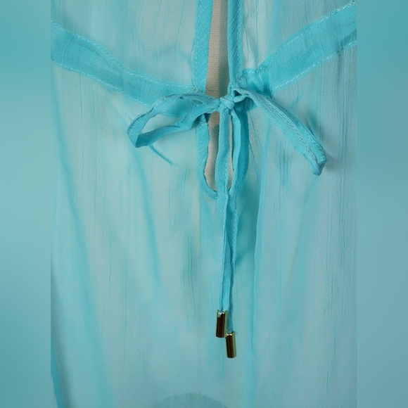 Bleu Rod Beattie Turquoise Pom Pom Trim Sheer Beach Cover Up Size S - Picture 8 of 9